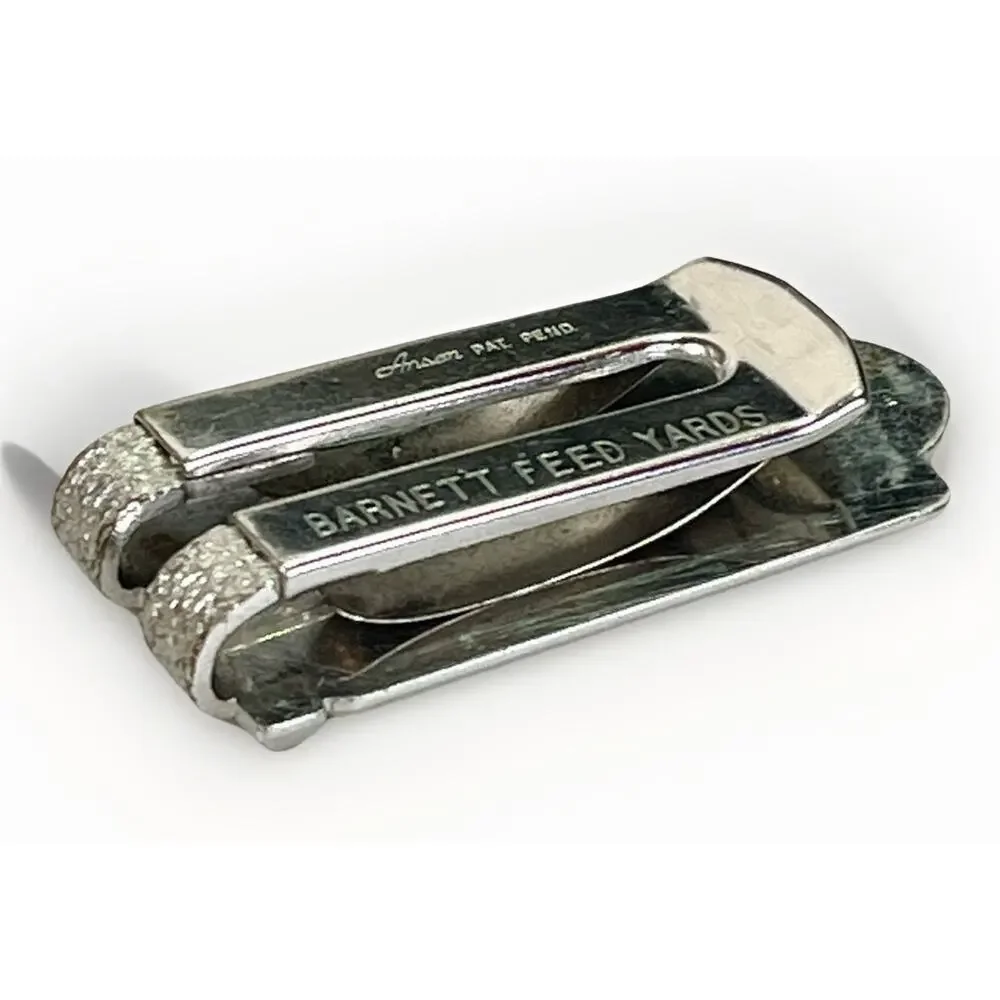 VTG ANSON Silver Tone Belt Buckle Money Clip BARNET FEED YARDS Mid Century USA